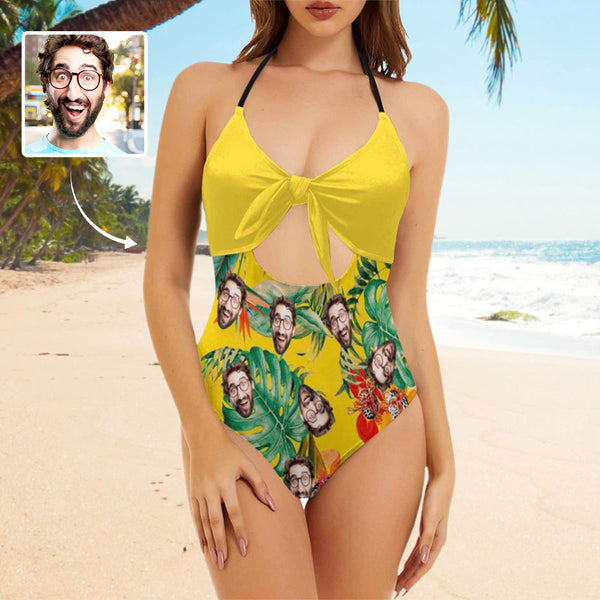 Custom Face Yellow Swimsuit Personalized Women's Backless Bow One Piece Bathing Suit
