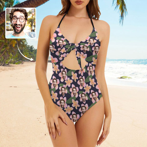 Custom Face In Flowers Bow Swimsuit Personalized Women's Backless Bow One Piece Bathing Suit