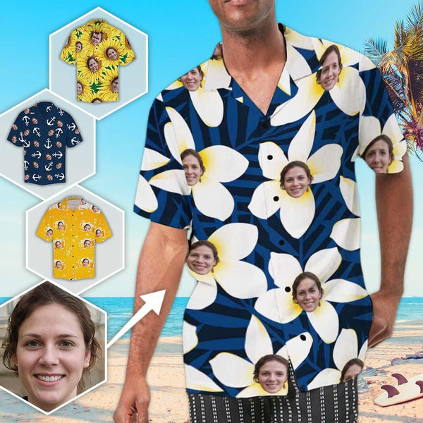 Personalized Hawaiian Shirts with Face White Flower Petals Face Aloha Shirt Gift for Him Birthday Party Gift