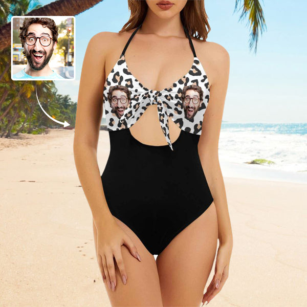 Custom Face Black Leopard Swimsuit Personalized Women's Backless Bow One Piece Bathing Suit