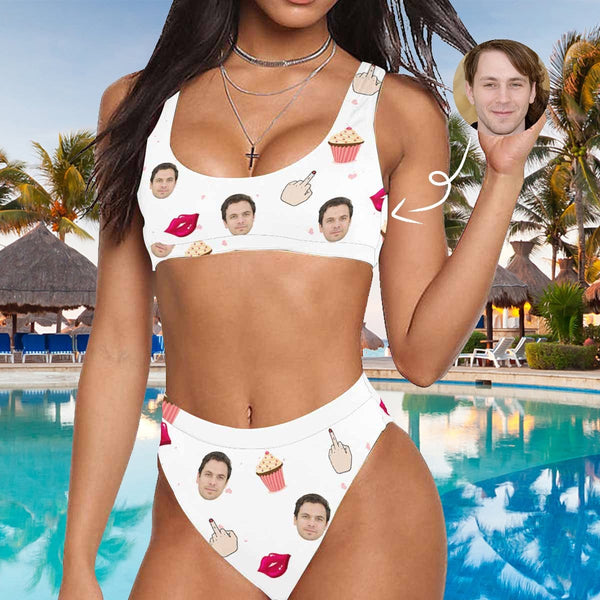 Custom Face Bikini Cute Pattern Personalized Sport Top&High-Waisted Swimsuit Honeymoons For Her