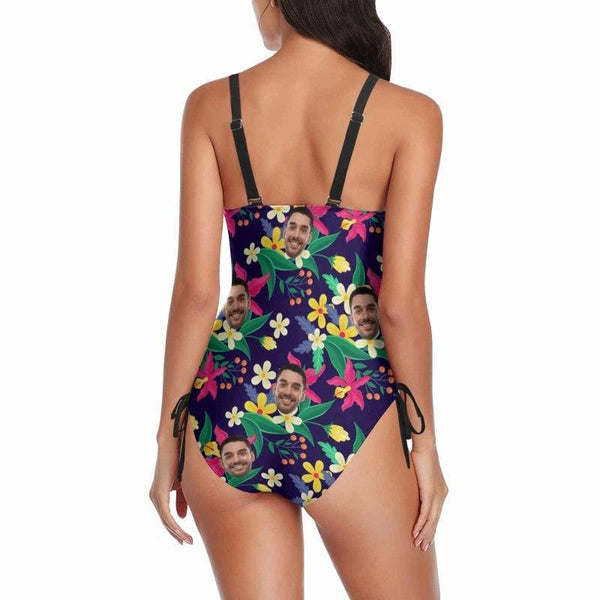 Custom Flower Face Colorful Swimsuit Personalized Women's New Drawstring Side One Piece Bathing Suit Holiday Party For Her