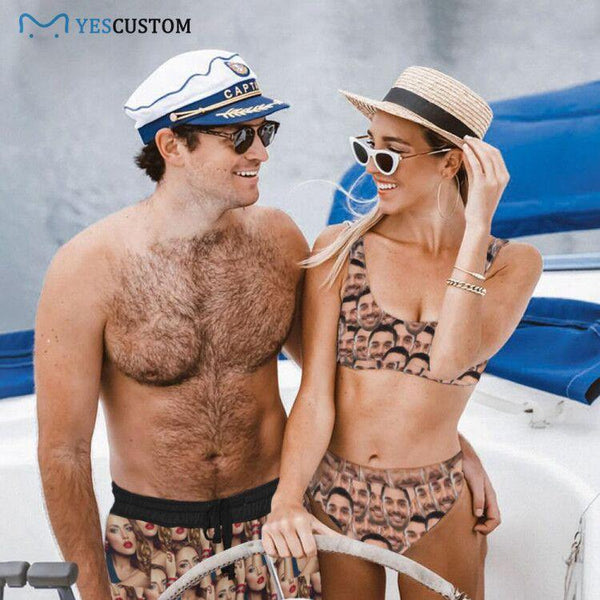 Custom Face Boyfriend Handsome Seamless Couple Matching Swimsuit Women's Bikini Set Men's Swim Shorts