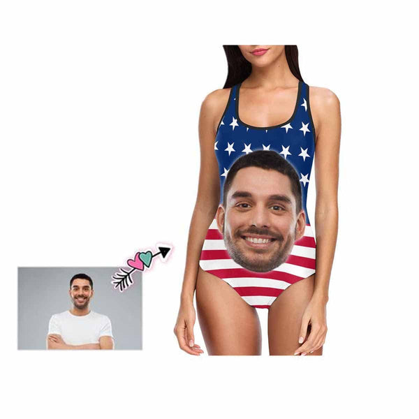 Custom Husband Face American Flag Swimsuit Personalized Tank Top One Piece Bathing Suit Celebrate Holiday Party