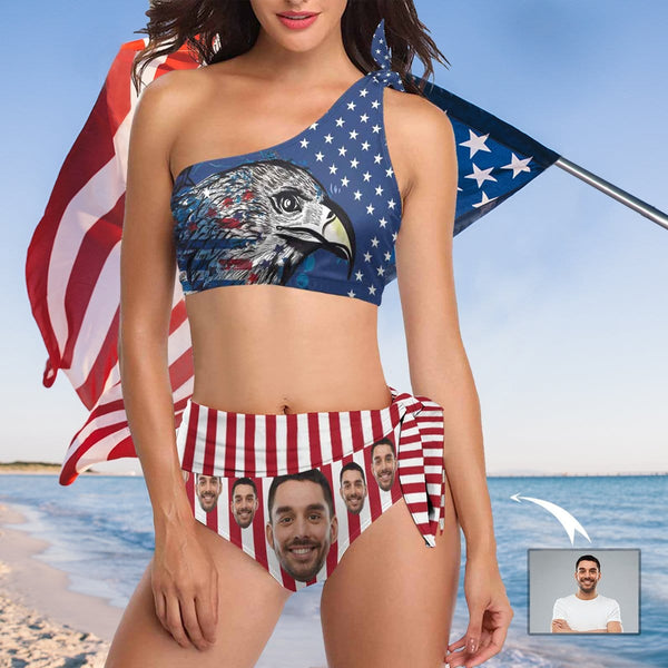 Custom Face Eagle White&Red Personalized Swimsuit Stripes Stars One Shoulder Tie Crop Top & High-Waisted Bikini