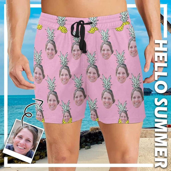 Custom Face Pink Pineapple Men's Quick Dry Swim Shorts, Personalized Funny Swim Trunks