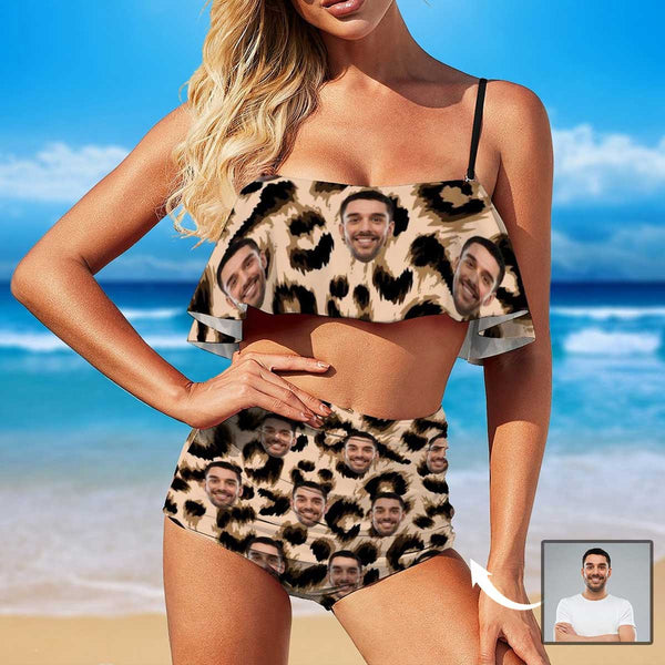 Custom Face Leopard Sexy Hot Bikini Personalized Ruffle Bathing Suits Birthday Pool Party