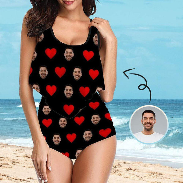 Custom Tankinis Face Red Love Black Personalized Bikini Swimsuit Women's High Waisted Swimsuit Ruffled Top Bathing Suits