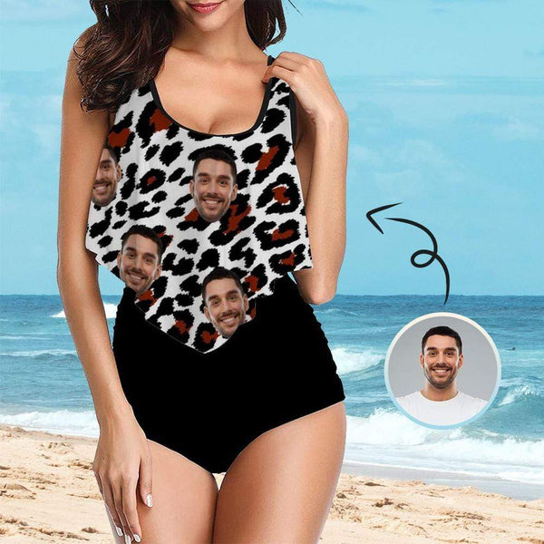 Custom Tankinis Face Sexy Leopard Black Personalized Women's High Waisted Swimsuit Ruffled Top Bathing Suits