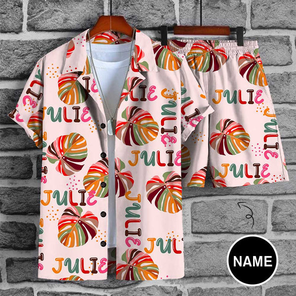 Custom Name Colored Leaves Hawaiian Set Summer Holiday Hawaiian Shirt & Shorts Set Add Your Own Name Personalized Set