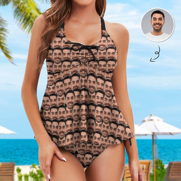Custom Face Seamless Boyfriend Swimsuit Personalized Womens Bathing Suit Chest Drawstring Swim Dress 2 Piece Tankini