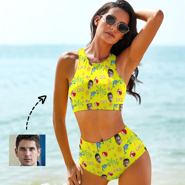 Custom Face Summer Beach Personalized Sunglasses Bikini Swimsuit High-Neck Top Bikini Set Vacation Pool Party