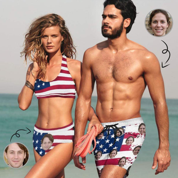 Custom Face Flag Couple Matching Swimsuit Women's Sport Top & High-Waisted Bikini Swimsuit Men's Swim Shorts