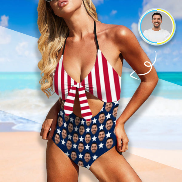 Custom Face American Flag Women's Backless Bow One Piece Swimsuit Bathing Suit