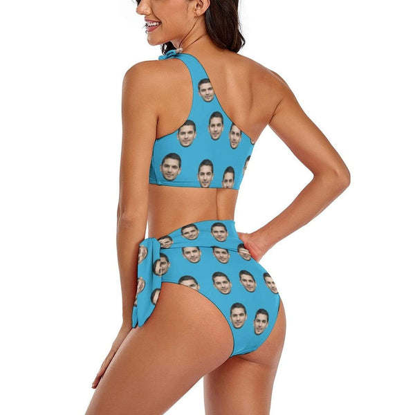 Custom Face Blue Bikini Personalized One Shoulder Tie Crop Top & High-Waisted Swimsuit