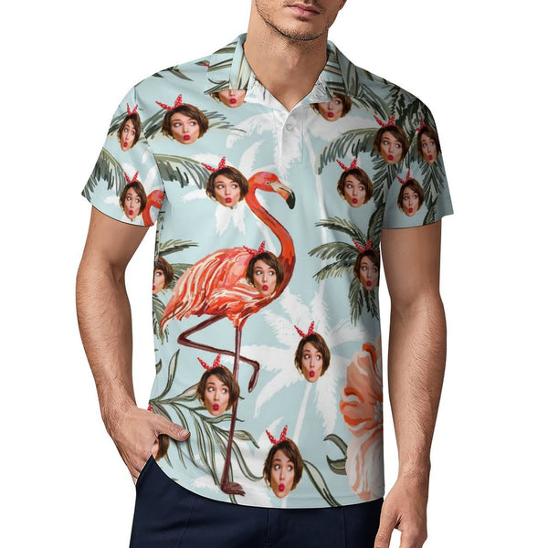 Custom Girlfriend Face Flamingo Polo Shirt For Men Personalized Hawaiian Shirt Gift