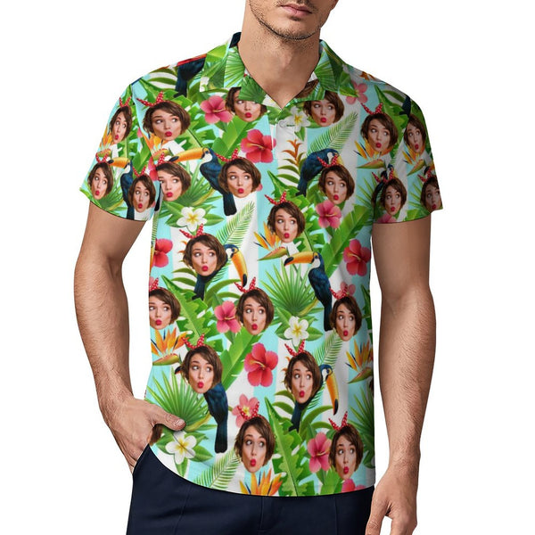 Custom Girlfriend Face Colorful Plant Polo Shirt For Men Personalized Hawaiian Shirt Gift