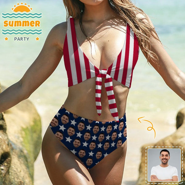#Independence Day#July 4-Custom Face Bikini National Flag Personalized Women's Chest Strap Bikini Swimsuit Celebrate Party