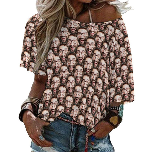Custom Face Photo Women's T-shirt Personalized Loose Mid-sleeve Off-neck T-shirt