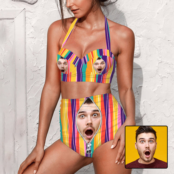 Custom Face In Zipper Rainbow Stripes Strap Two-piece Bikini Swimsuit