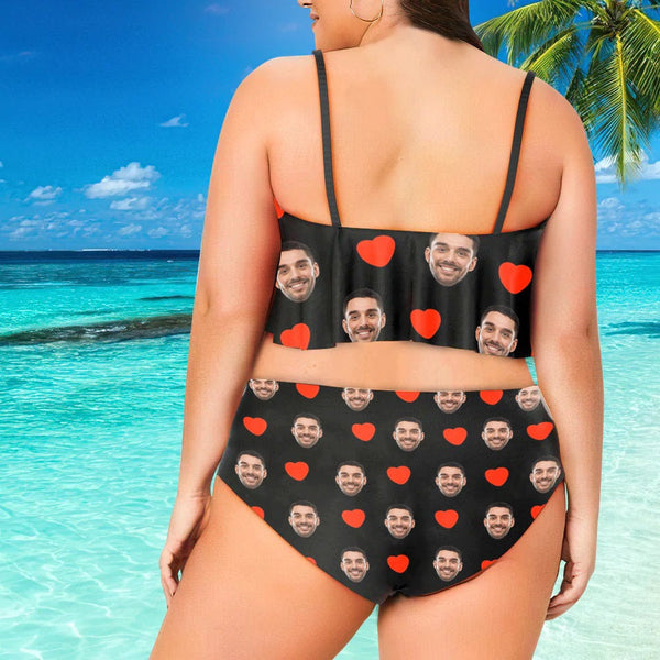 #Plus Size Ruffle Bikini-Custom Face Red Heart Ruffle Bikini Plus Size Swimwear Personalized Bathing Suit Women's Two Piece High Waisted Bikini Swimsuit Summer Beach Pool Outfits