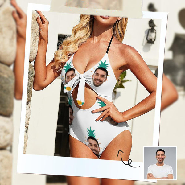 Custom Face Pineapple White Women's Backless Bow One Piece Swimsuit