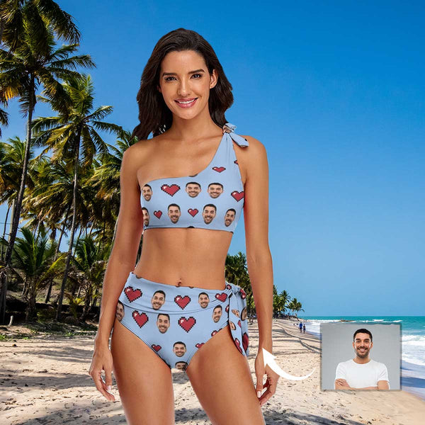 Custom Face Heart Personalized Bathing Suit One Shoulder Tie Crop Top & High-Waisted Bikini Swimsuit
