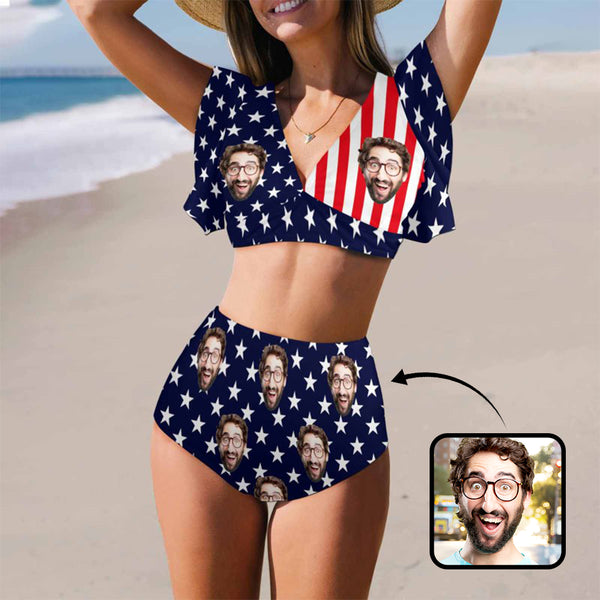 Custom Face Flag Bikini Personalized Flag Women's Ruffle Sleeve Bikini Swimsuit