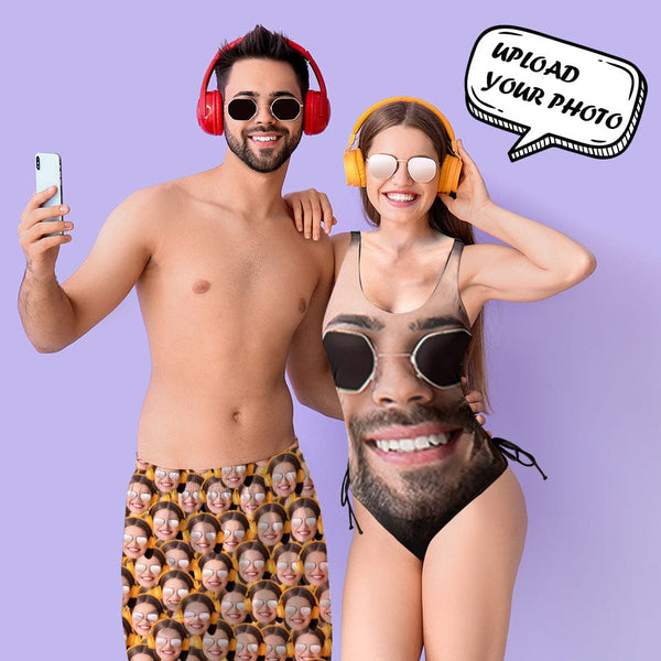 Couple Swimwear Beach Short Bathingsuit Custom Face Couple Men's Beach Short&Women's Swimsuits Bathing Suit