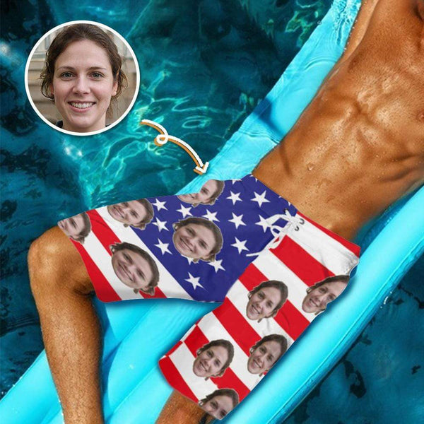 Custom Face American Flag White Star Personalized Men's Beach Shorts&Women's Bathing Suit Honeymoons Swimsuits