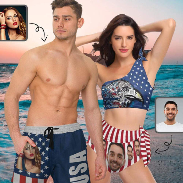 Custom Face Eagle White&Red Stripes Stars Couple Matching Swimsuit One Shoulder Tie Bikini Men's Swim Shorts