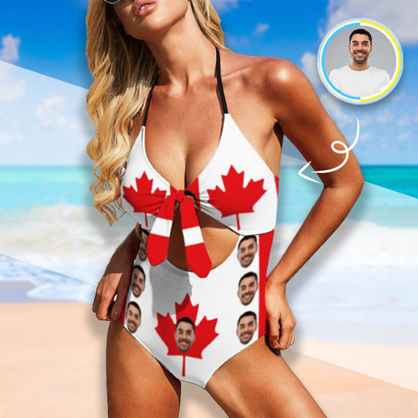 Custom Face Maple Leaf Women's Backless Bow One Piece Swimsuit Bathing Suit