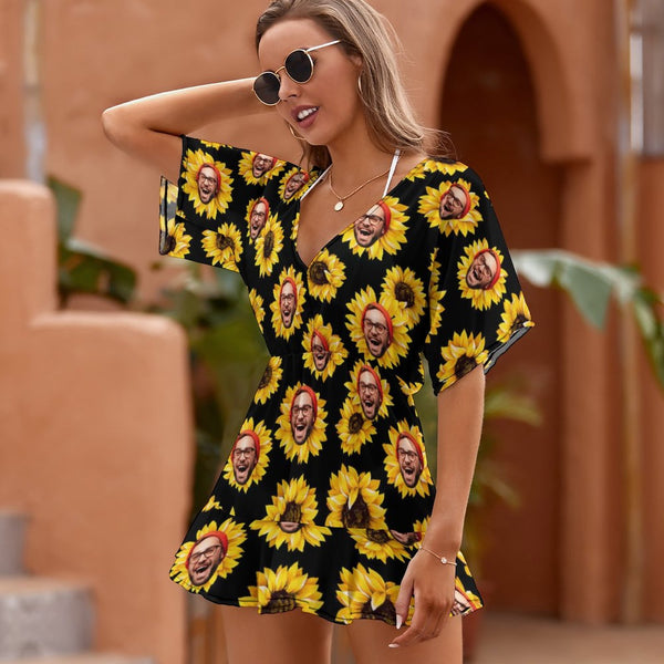 Custom Face Sunflower Black One Piece Cover Up Dress Personalized Women's Short Sleeve Beachwear Cover up