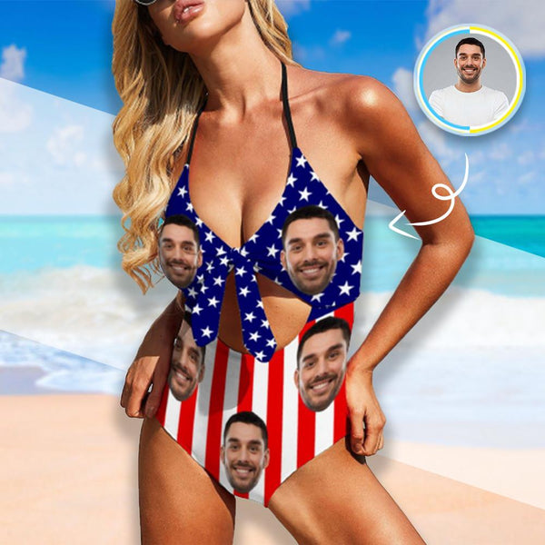 #Flagbathingsuit#Fourth of July-Custom Face Flag Swimsuit Personalized Women's Backless Bow One Piece Bathing Suits Celebrate Holiday