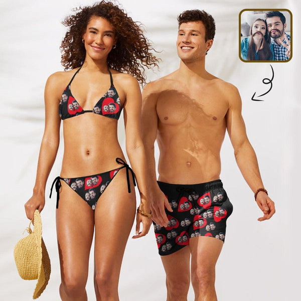 Custom Couple Photo Love Red Heart Couple Matching Swimsuit Women's Bikini Swimsuit Men's Swim Shorts
