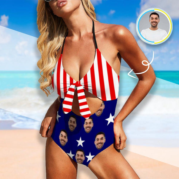 #Flagbathingsuit#Independence Day-Custom Face Flag Swimsuit Personalized Women's Backless Bow One Piece Bathing Suit Celebrate Holiday