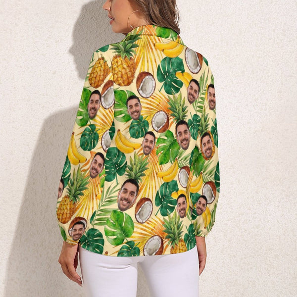 Custom Face Tropical Fruit Vntage Casual Long Sleeve Hawaiian Shirts