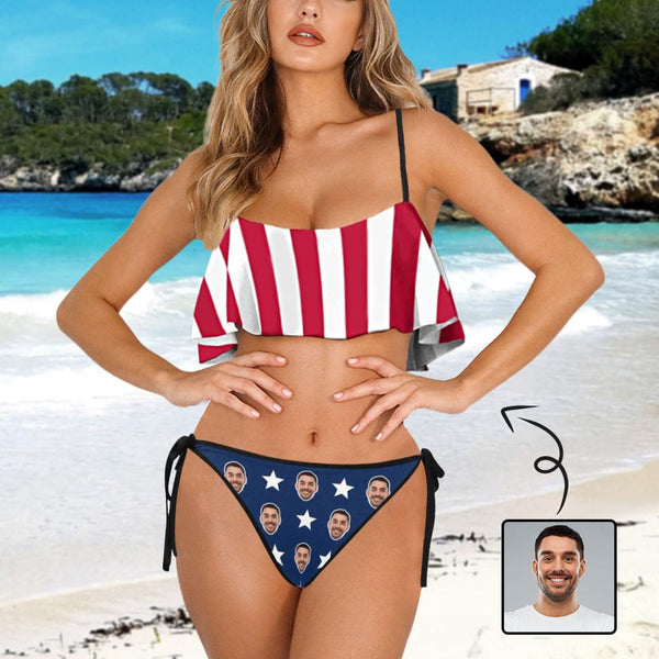 Custom Face American Flag Personalized Bikini Swimsuit Ruffle Bathing Suits Celebrate Holiday Party