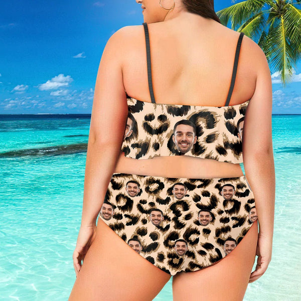 #Plus Size Ruffle Bikini-Custom Face Leopard Ruffle Bikini Plus Size Swimwear Personalized Bathing Suit Women's Two Piece High Waisted Bikini Swimsuit Summer Beach Pool Outfits