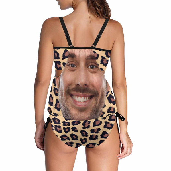 Custom Face Leopard Swimsuit Personalized Womens Tankini Top Sets Bikini Two Piece Bathing Suit