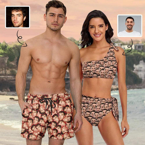 Custom Face Seamless Couple Matching Swimsuit One Shoulder Tie Bikini Men's Swim Shorts