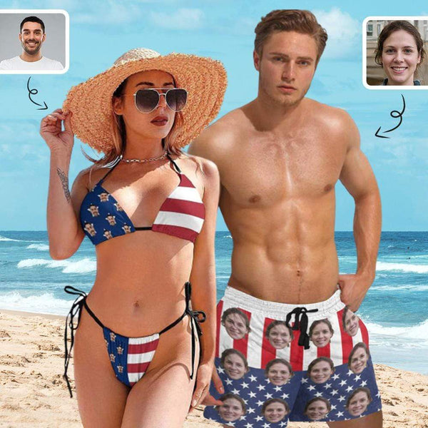 Custom Face American Flag Couple Matching Swimsuit Women's Triangle Bikini Bathing Suit Men's Swim Shorts