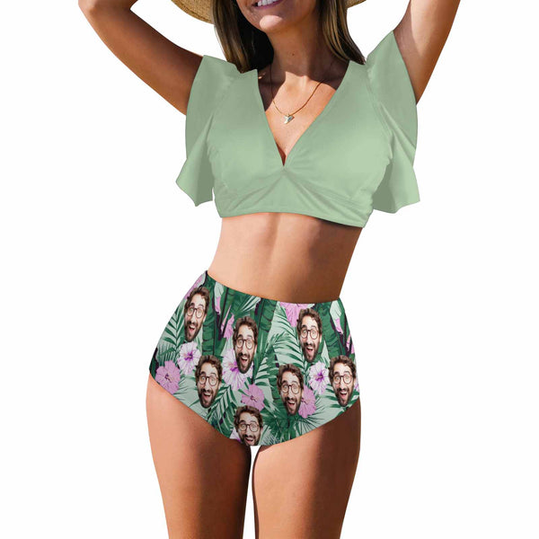 Custom Face Women Ruffle High Waisted Flounce Green Bikini Set Two Pieces Swimsuit Swimwear