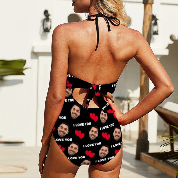 Custom Face Love You Women's Backless Bow One Piece Swimsuit