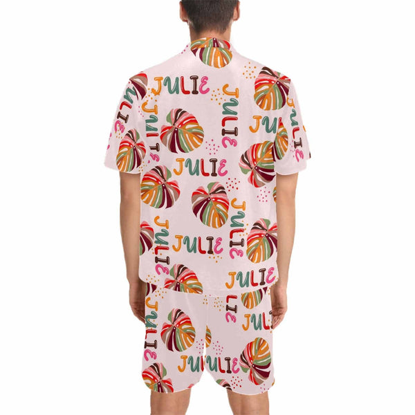 Custom Name Colored Leaves Hawaiian Set Summer Holiday Hawaiian Shirt & Shorts Set Add Your Own Name Personalized Set