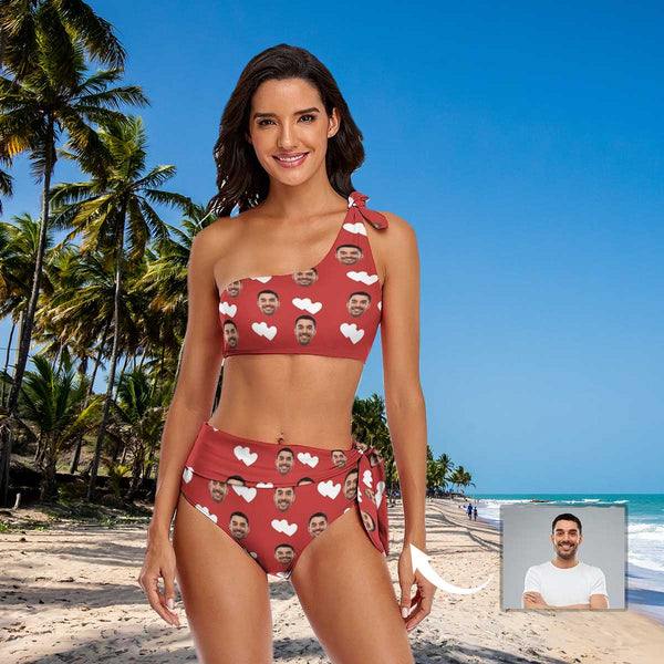 Custom Face Double White Love Red Background One Shoulder Tie Crop Top & High-Waisted Bikini