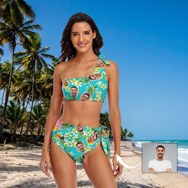 Custom Face Green Pineapple Hawaii Personalized One Shoulder Tie Crop Top & High-Waisted Bikini Swimsuit