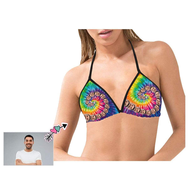 Custom Boyfriend Face Rainbow Swirl Personalized Bikini Swimsuit Top