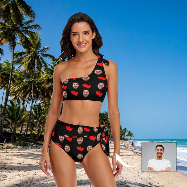 Custom Face Double Red Love Personalized Bikini Swimsuit One Shoulder Tie Crop Top & High-Waisted Bikini Honeymoons For Her