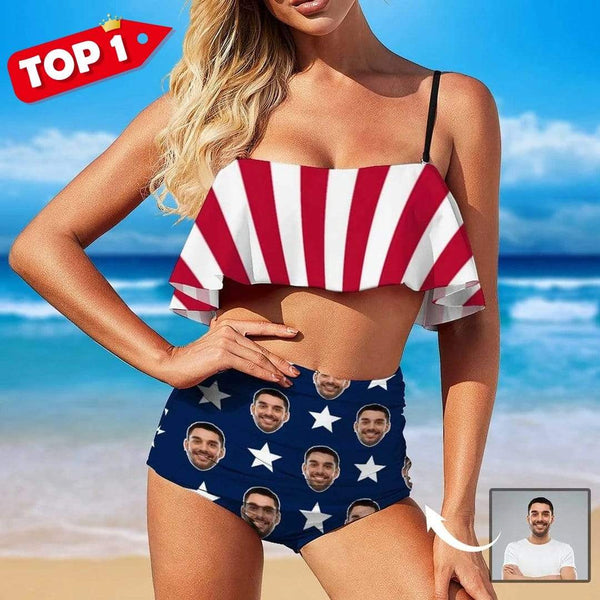 [Top Selling] Custom Face American Flag Personalized Bikini Swimsuit Ruffle Bathing Suits Celebrate Holiday Party